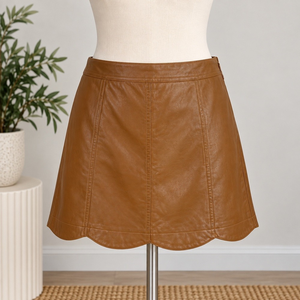 Peach Love Scalloped Skirt Camel Brown Faux Leather Shana Mini Western Fall Sz M